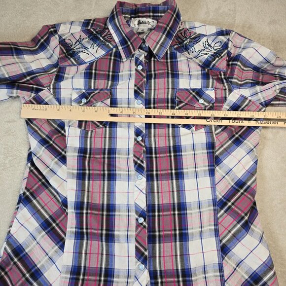 Adiktd Western Top Womens Medium Pink Blue Plaid Embellished Rhinestone Yoke - Picture 8 of 16